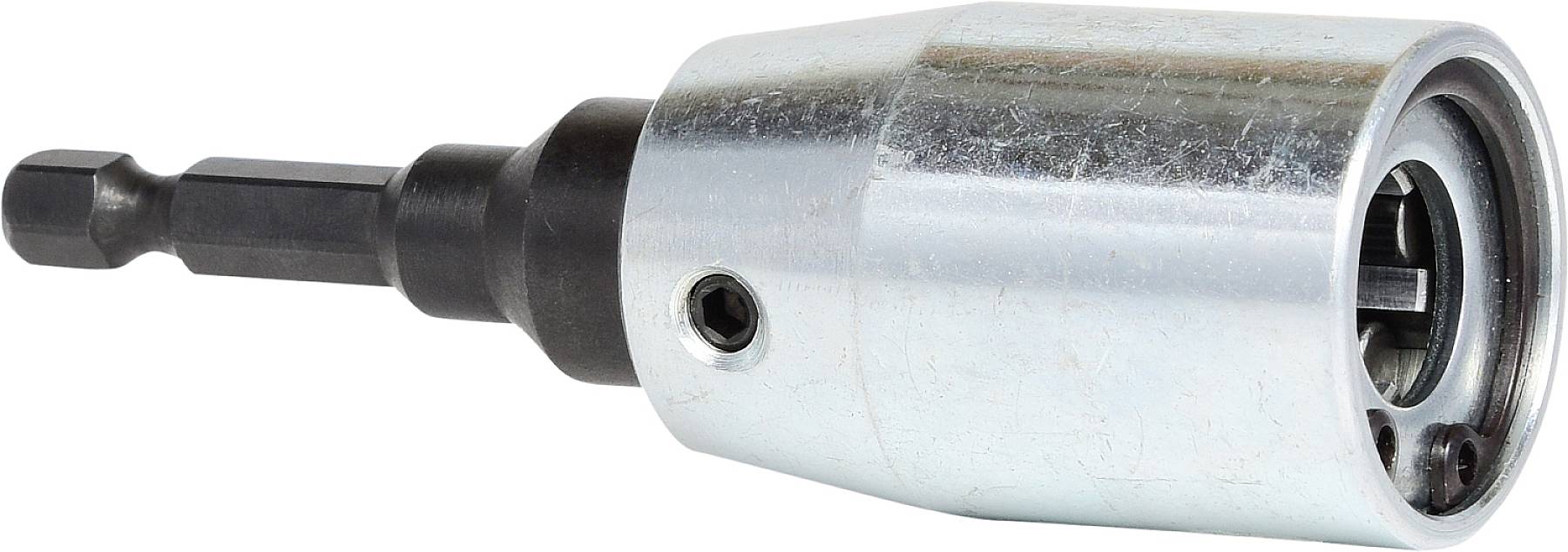 Ein silberfarbenes Bohrfutter mit einem schwarzen, sechseckigen Schaft. Geeignet zum Befestigen von Bohrwerkzeugen.