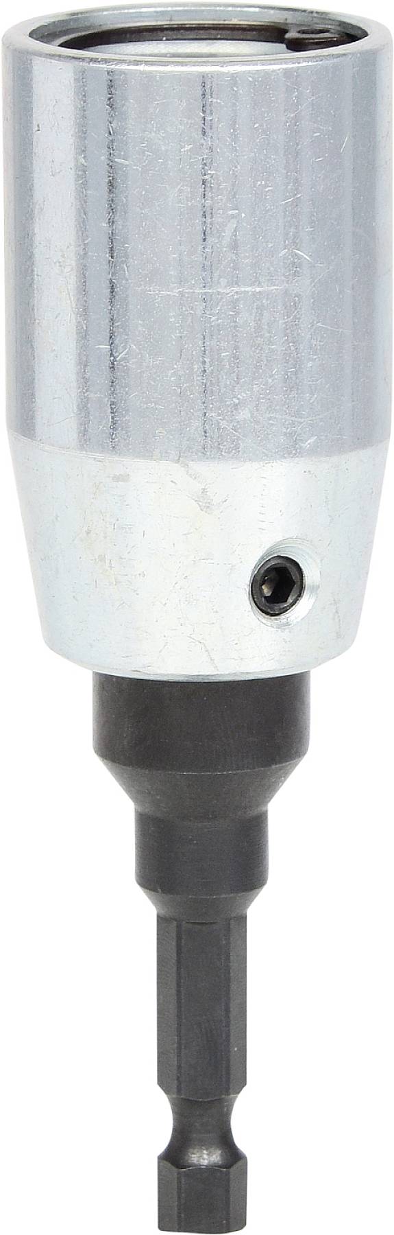 Metallischer Steckschlüssel-Aufsatz, der für den Einsatz mit einem Schraubenzieher oder einer Bohrmaschine entwickelt wurde.