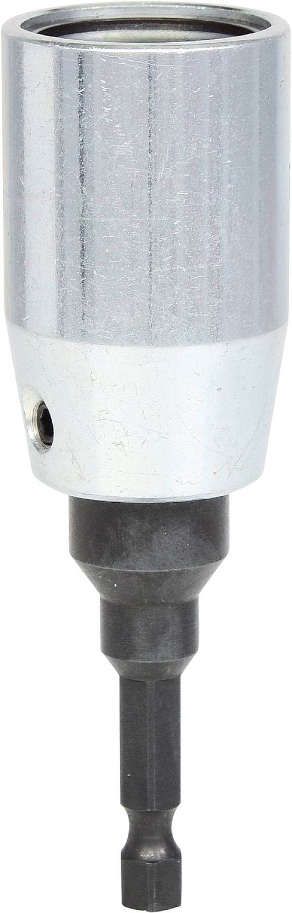 Ein silbernes Steckschlüsselwerkzeug vor weißem Hintergrund, geeignet für Schraubarbeiten mit einem Sechskantaufnahme.