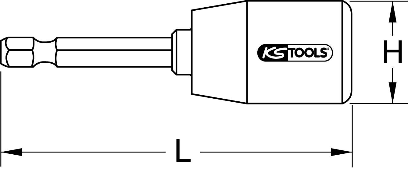 'Nuss' Steckschlüsseleinsatz mit sechskantiger Aufnahme, markiert mit 'KS Tools'. Länge (L) und Höhe (H) sind angegeben.