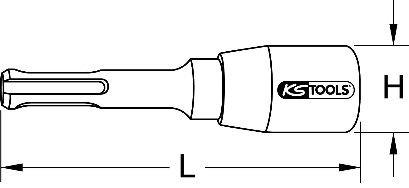 Illustration eines Werkzeugs mit den Maßen L und H. Das Werkzeug hat einen SDS-Schaft und das Logo 'KS TOOLS' auf dem Gehäuse.