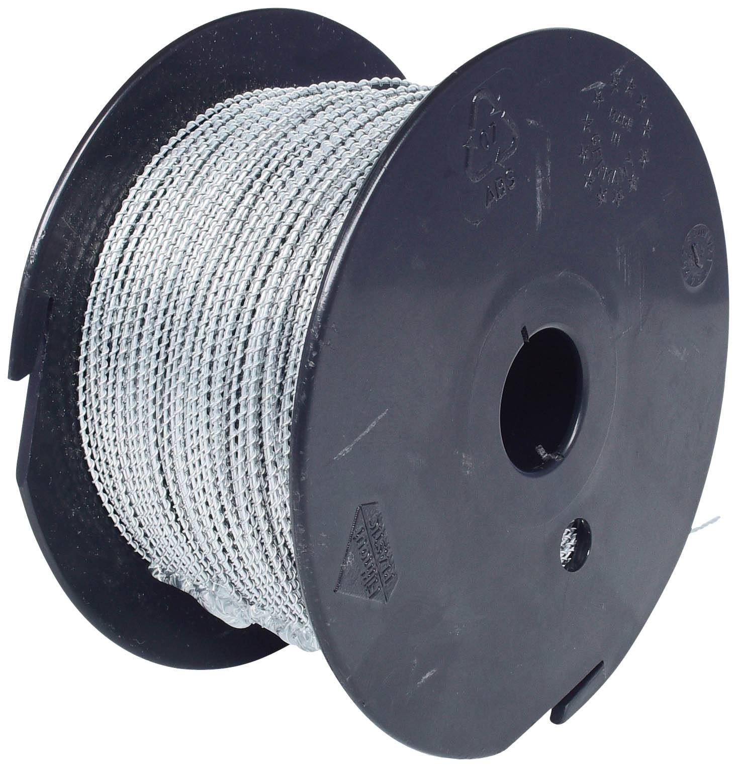 Eine Rolle mit silbernem Kabel auf schwarzem Kunststoffspulenkern, geeignet für Handwerk und technischen Einsatz.