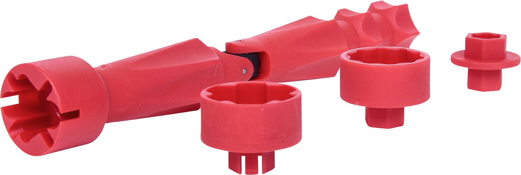 Ein roter Rohrentgrater mit mehreren abnehmbaren Aufsätzen, die auf unterschiedliche Rohrdurchmesser ausgelegt sind.