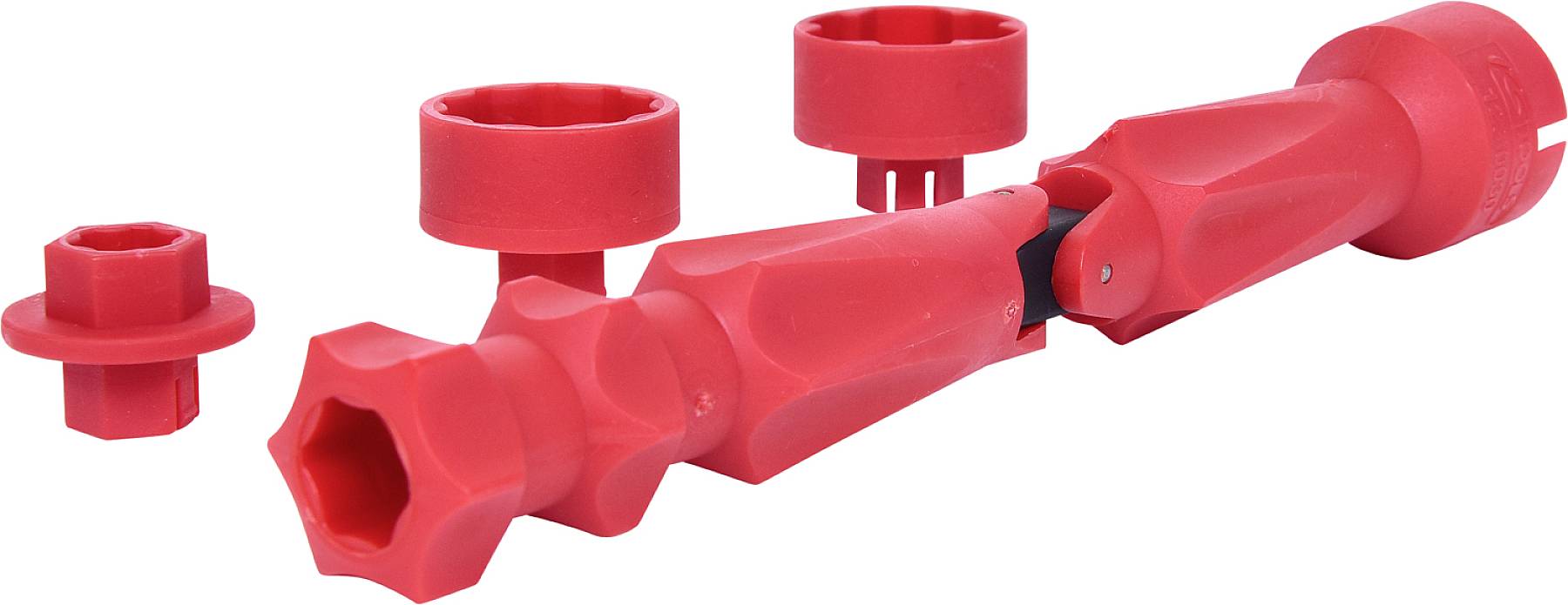 Roter, verstellbarer Kunststoffschlüssel mit verschiedenen Aufsätzen, verwendet für Installationen und Reparaturen von Wasserleitungen.
