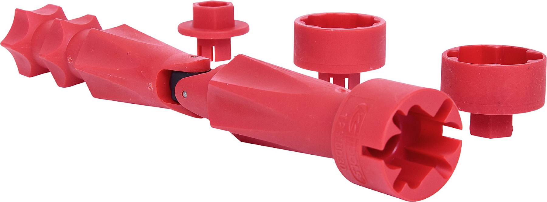 Ein rotes Rohrwerkzeugset mit verschiedenen Aufsätzen, die in einem flexiblen Gelenk verbunden sind. Geeignet für Installationsarbeiten.