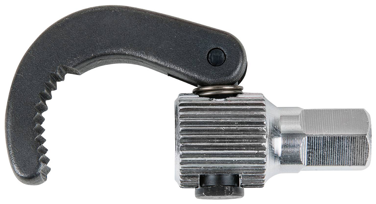 Ein schwarzer Schnellspanner mit geriffeltem silbernem Schraubengewinde und Haken, verwendet zur Befestigung oder Verankerung.