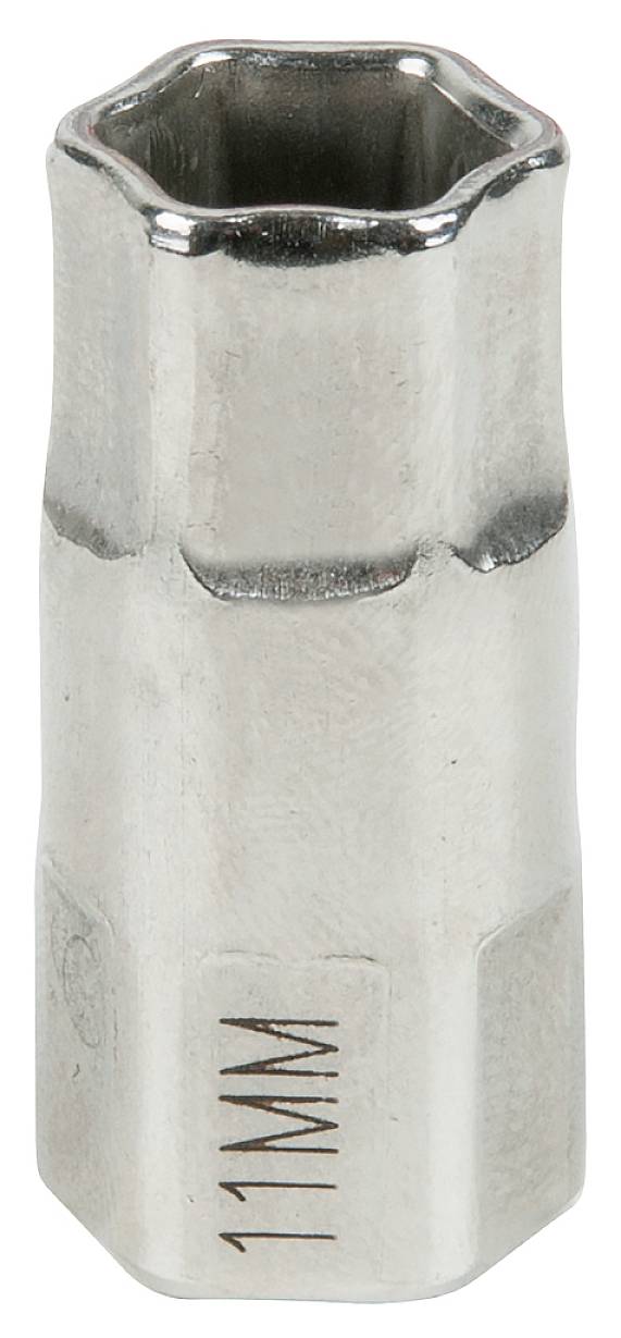 Eine sechskantige Stecknuss aus Metall, beschriftet mit '11MM'. Entworfen für die Verwendung mit Schraubenschlüsseln.
