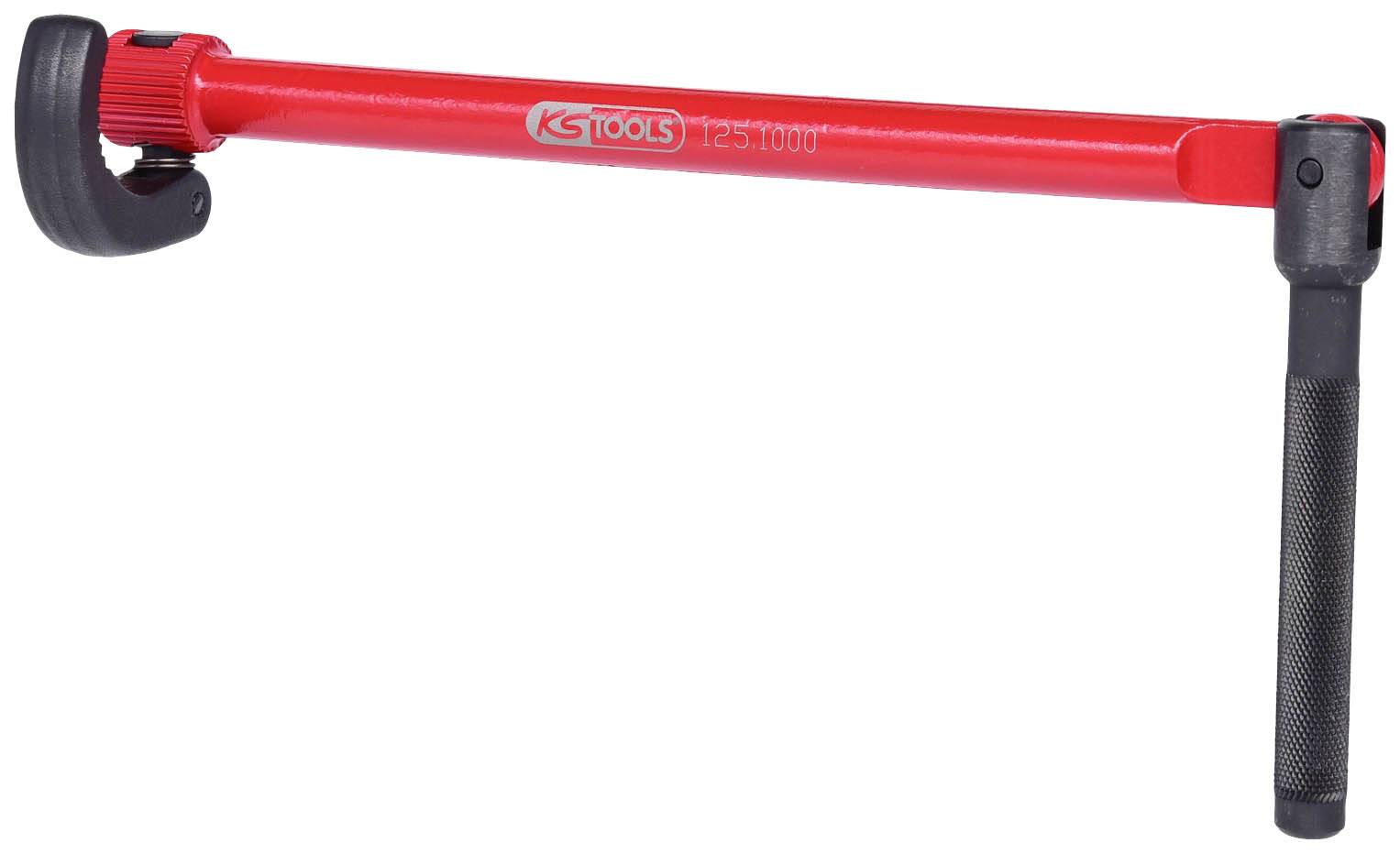 Roter Dreh­mo­ment­schlüssel mit einem verstellbaren Ende, geeignet für verschiedene Muttern- und Schraubengrößen.