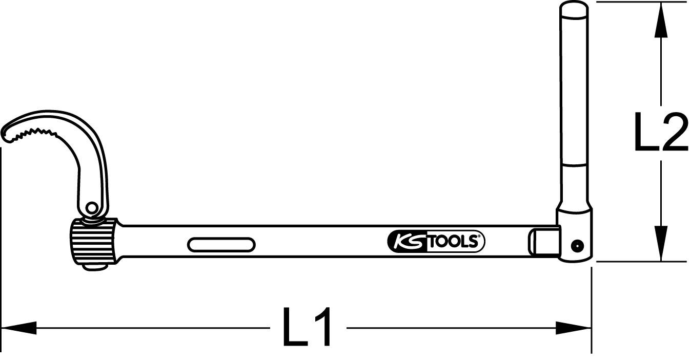 Ein verstellbarer Hakenschlüssel mit Hebelarm, der für L3 mit KS Tools gekennzeichnet ist. Maße sind L1 und L2. Langer Griff mit verstellbarem Haken.