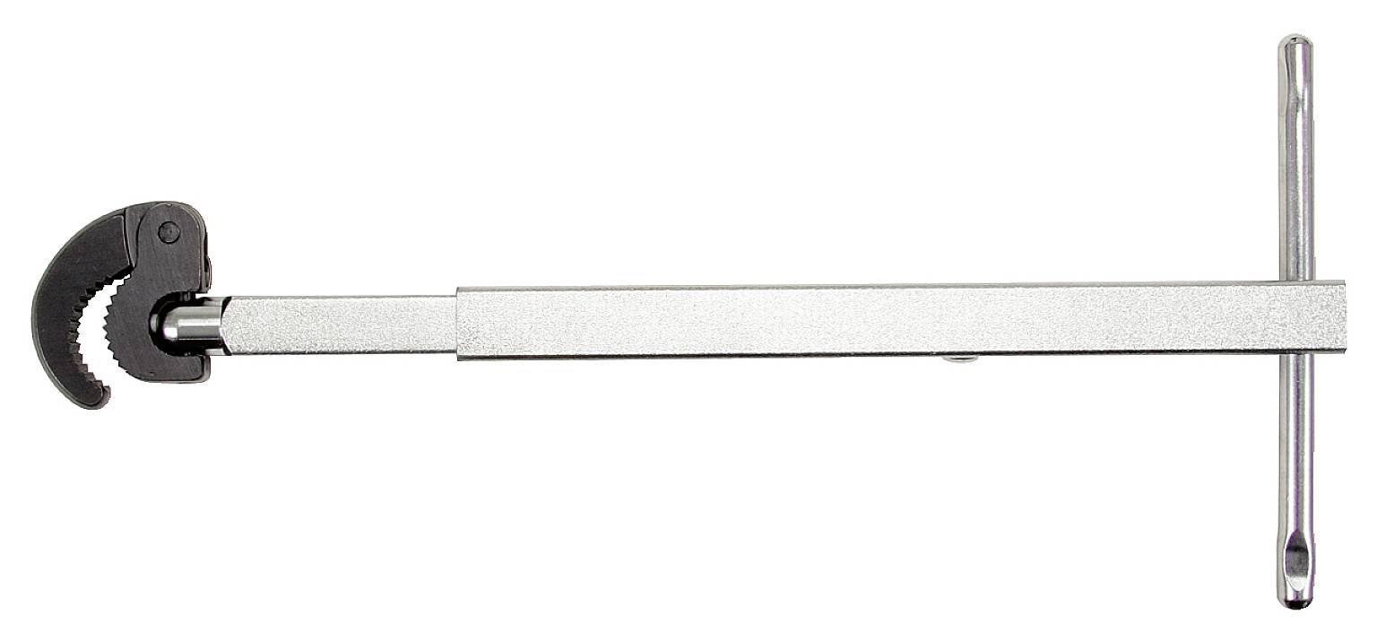 Ein Rohrschlüssel mit verstellbarem, gezahntem Griff auf weißem Hintergrund. Der Schlüssel hat einen T-Griff für zusätzlichen Hebel.