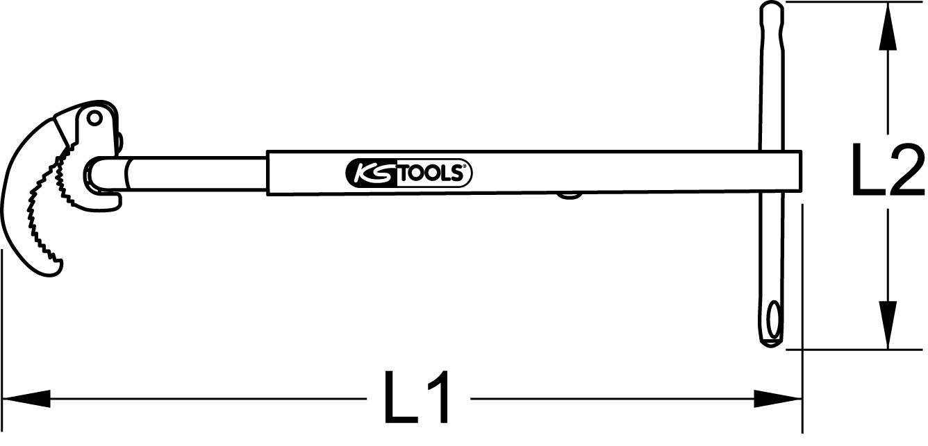Ein Werkzeug von KS Tools mit einstellbarem Greifkopf und T-Griff, Maße L1 und L2 zeigen die Länge der Komponenten.