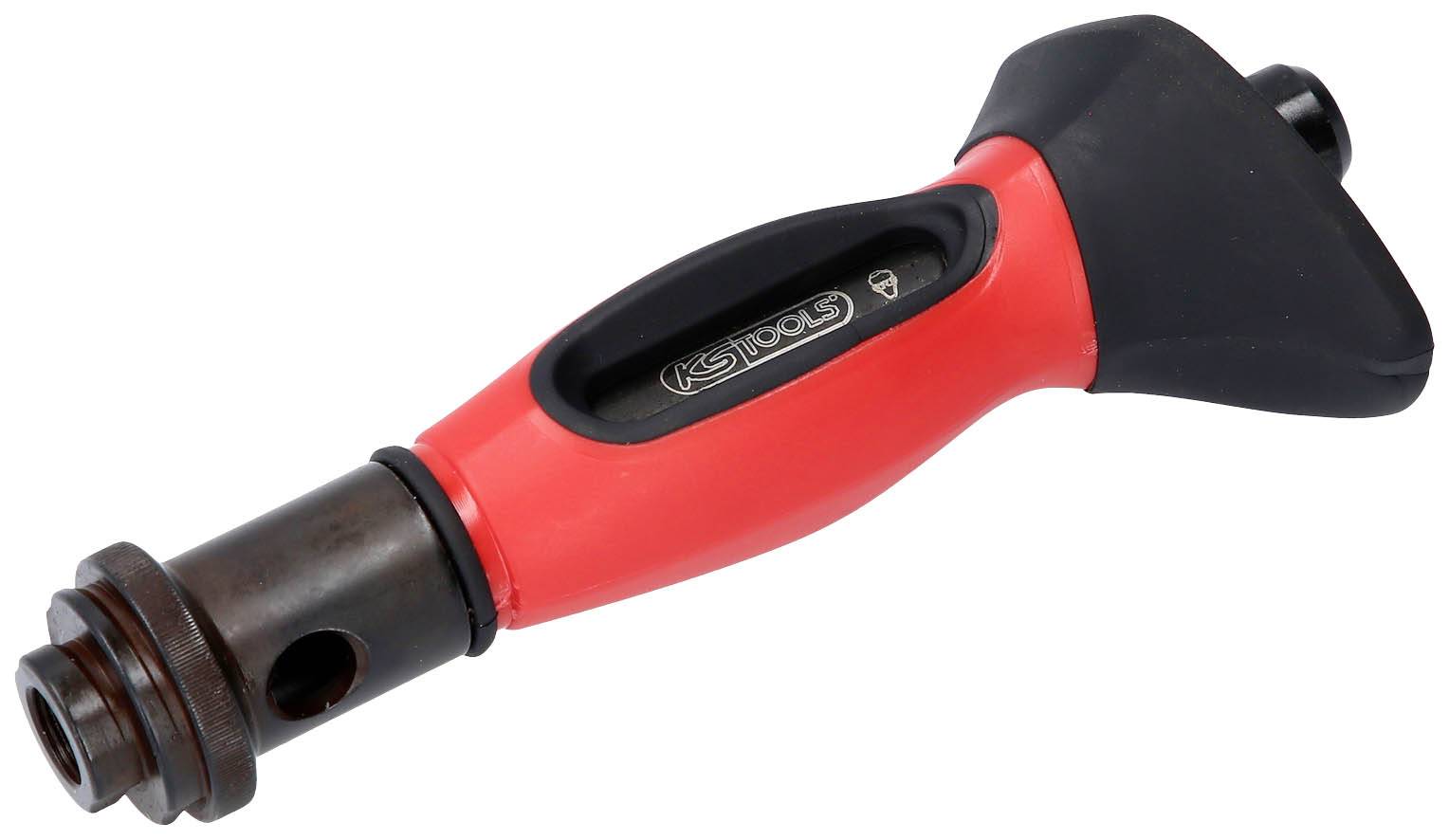 Roter und schwarzer Handschleifer mit einem robusten, ergonomischen Griff und einem magnetischen, glänzenden Metallsockel.