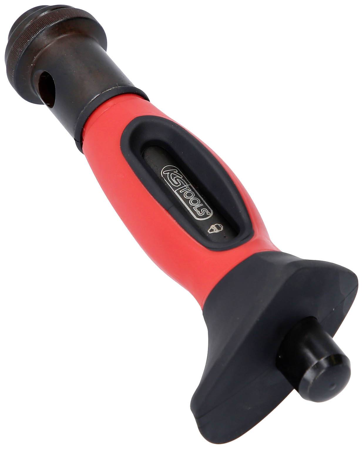 Ein roter Schlagschutzgriff für Werkzeuge mit schwarzem Gummigriff und Markenlogo, geeignet zur Vibrationsdämpfung und Schutz.