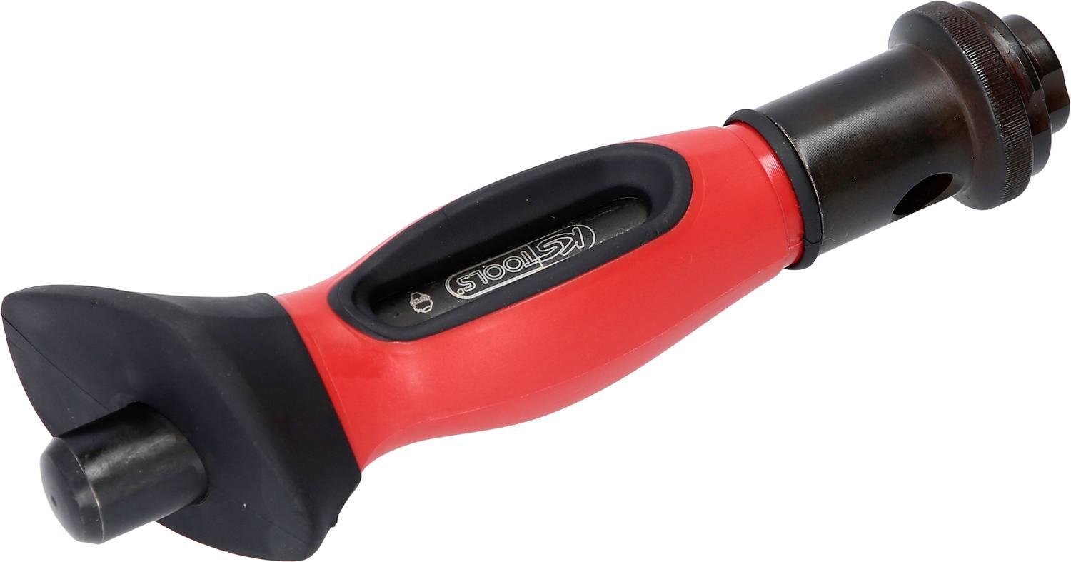 Roter ergonomischer Griff eines Werkzeugs mit schwarzem Ende und Aufschrift 'KS Tools'. Geeignet für manuellen Gebrauch.