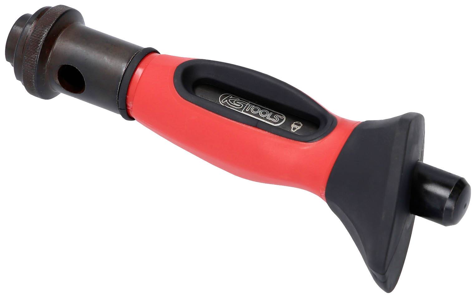 Ein rotes Werkzeuggriff mit schwarzer Gummispitze und seitlicher Öffnung, gekennzeichnet mit 'KS Tools'.