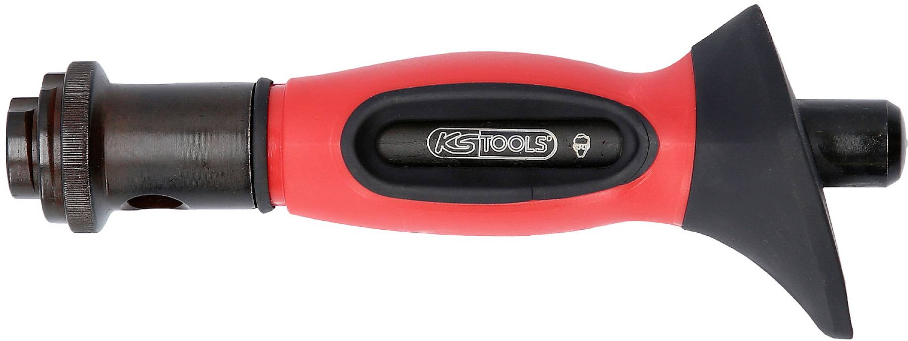 Ein roter Handgriff mit schwarzem, kegelförmigem Gummischutz, darauf steht 'KS Tools'. Verwendet für technisches oder handwerkliches Arbeiten.