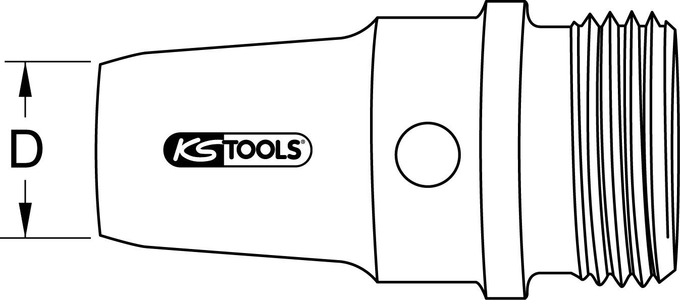 Ein Werkzeugadapter von KS Tools, zylindrische Form mit Gewinde rechts, Durchmesser 'D' markiert auf der linken Seite.