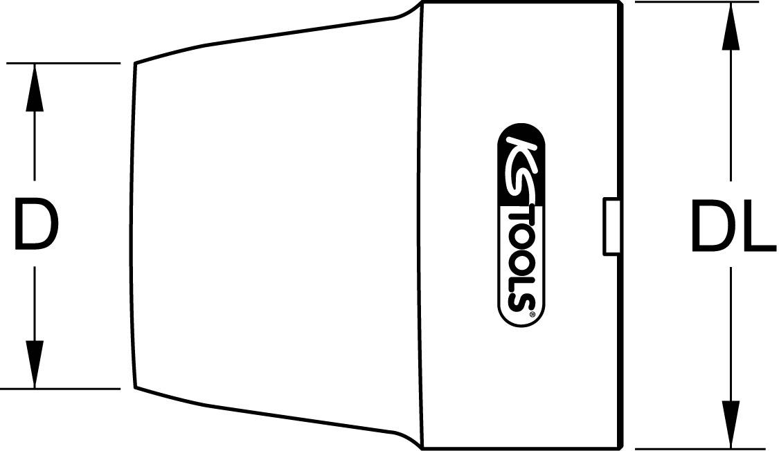 Abbildung zeigt eine Stecknuss mit den Maßen D und DL von der Seite, mit dem 'KS Tools'-Logo auf der Seite.