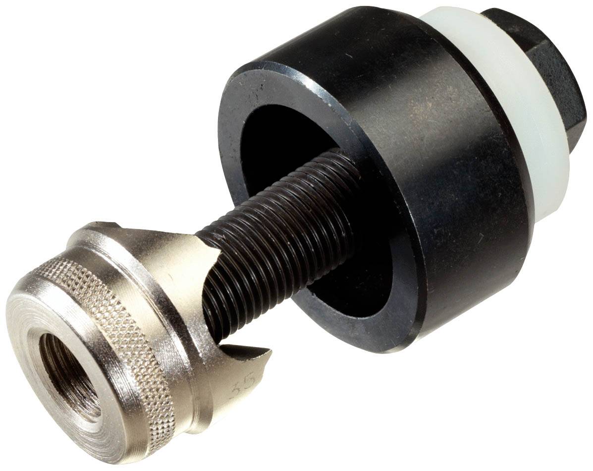 Metallschneider mit Gewinde und Klinge, verwendet zum Schneiden von runden Löchern in Metalloberflächen.