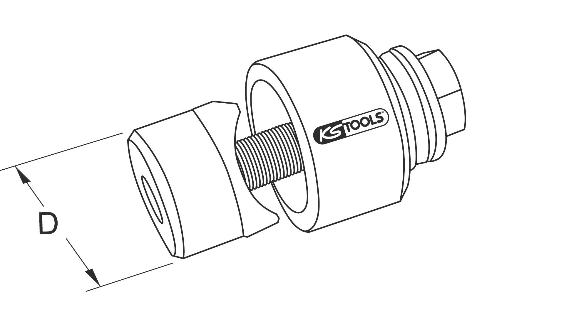 Zeichnung eines Bolzenaustreibers mit dem Logo 'KS Tools'. Schraubenteil mit Gewinde und Messanzeige für Durchmesser 'D'.