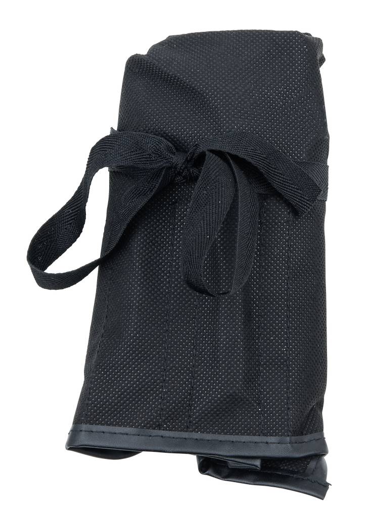 Eine schwarze, zusammengefaltete Tasche mit Griffen und Schleife, möglicherweise ein tragbares Accessoire oder eine Aufbewahrungstasche.