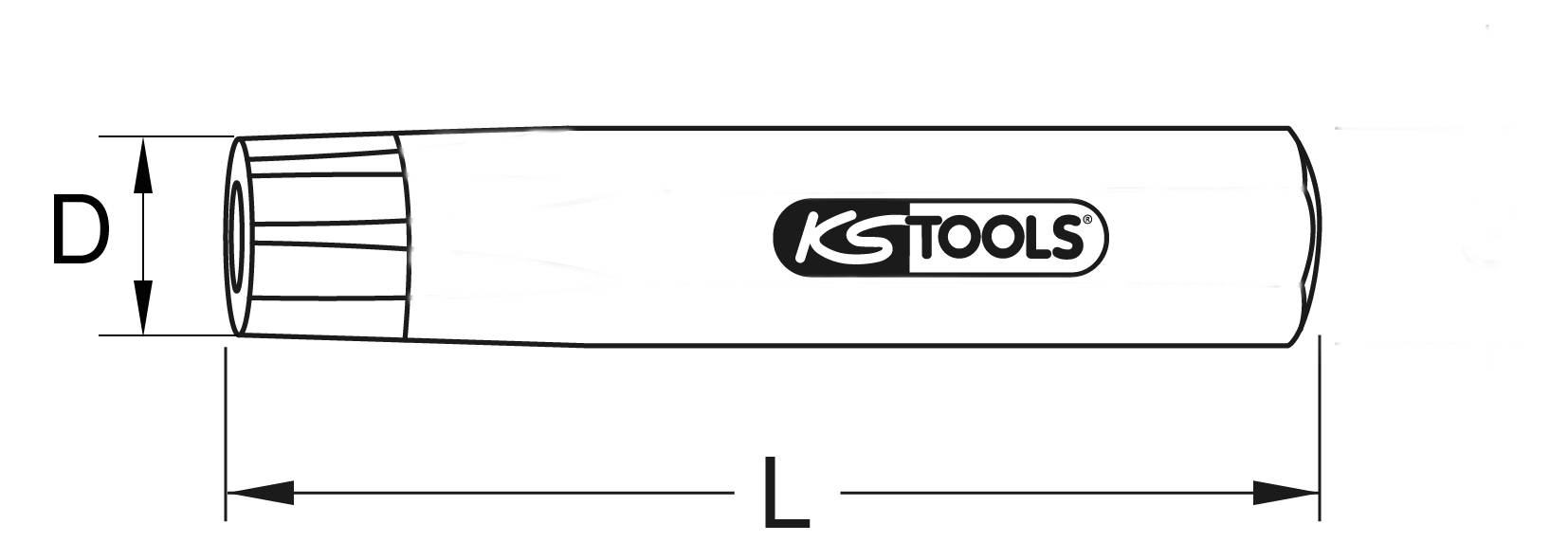 Abbildung eines zylindrischen Werkzeugs mit den Maßen 'D' für Durchmesser und 'L' für Länge, mit Logo 'KS Tools'.