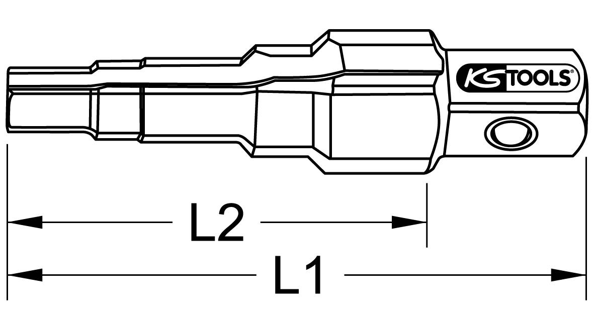 Illustration eines Steckschlüsseleinsatzes von KS Tools mit Längenangaben L1 und L2.