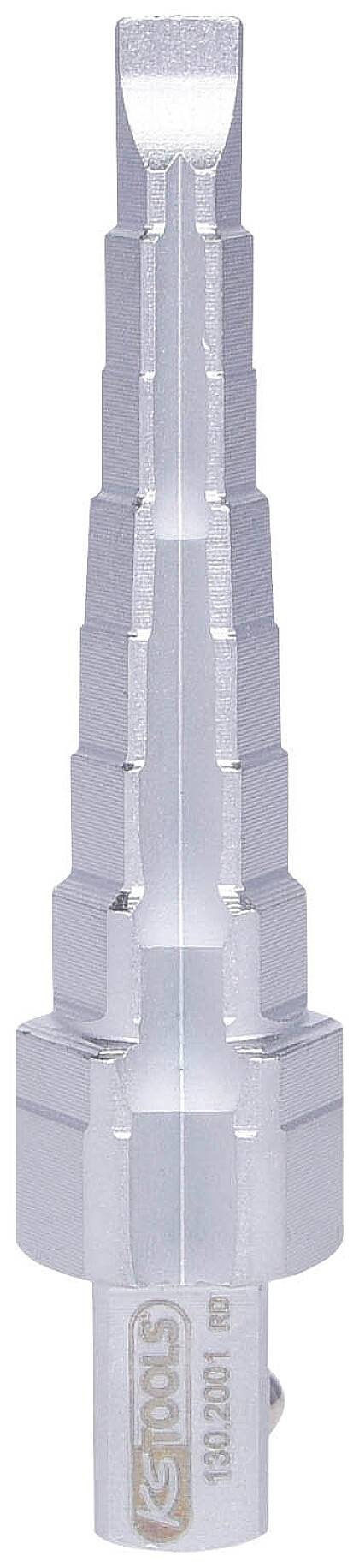 Ein silberner, konisch abgestufter Bohrer aus Metall.