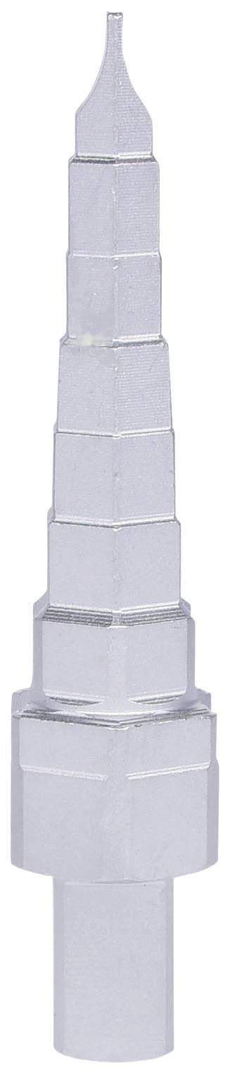 Silbernes, gestuftes Metallwerkzeug mit mehreren Hexagon-Stufen und einer spitzen oberen Kante, verwendet für präzise Arbeitsvorgänge.