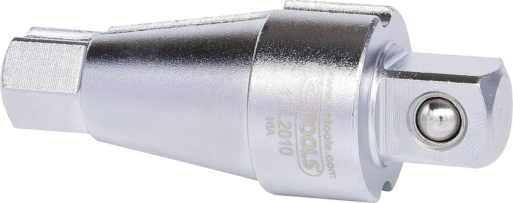 Ein verchromter Adapter mit sechseckigem Sockel und runder Aufnahme, vermutlich für Werkzeuge oder Maschinenzubehör.