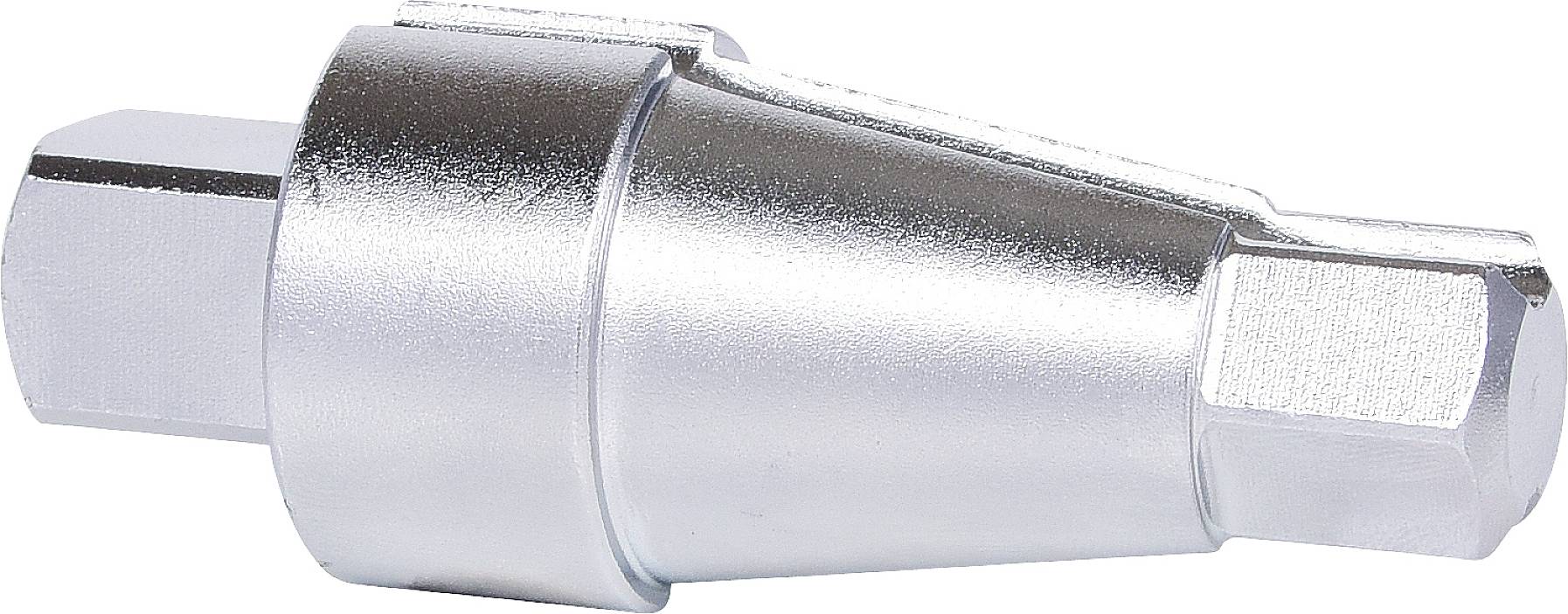 Ein silberner Metalladapter mit sechseckigen Enden und einem konisch zulaufenden Mittelteil, häufig für technische Anwendungen genutzt.