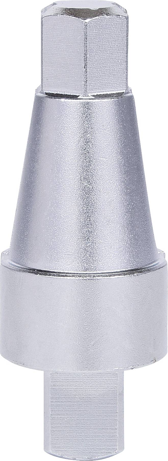 Ein silbernes Metallteil, konische Form, mit sechseckigen Enden. Möglicherweise ein Adapter oder Verbinder für technische Anwendungen.