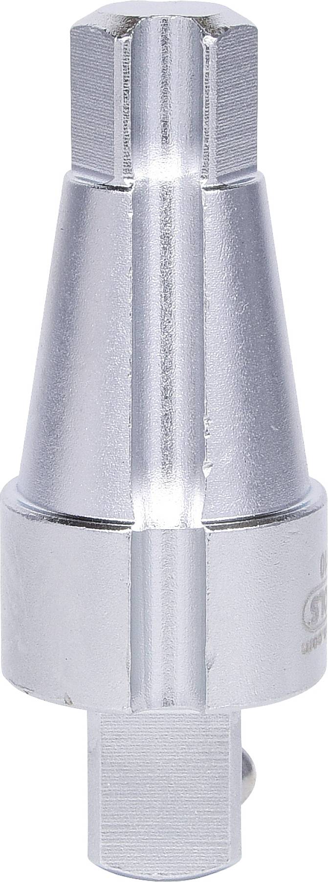 Eine silberfarbene, zylindrische Metallkomponente mit strukturierten Griffbereichen, wahrscheinlich ein Werkzeugaufsatz oder Adapter.