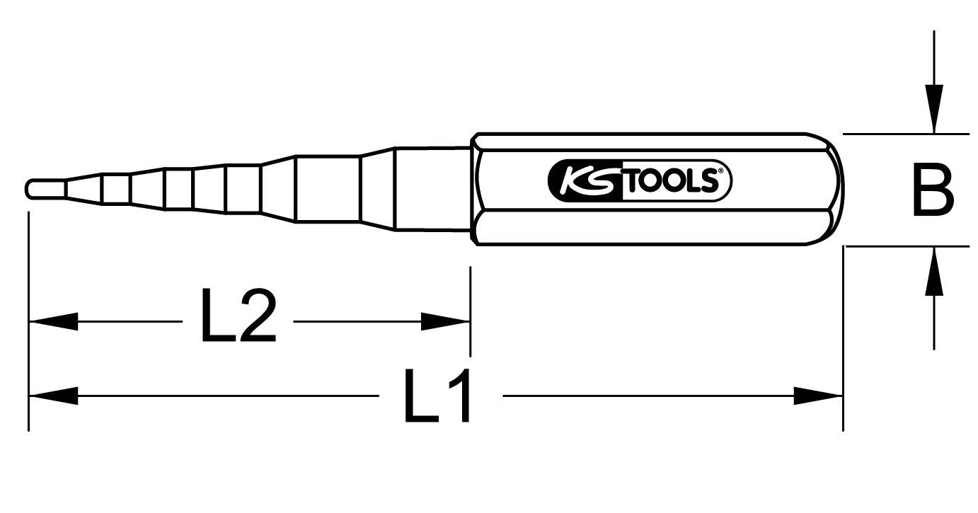 'KS Tools Stufen-Reibahle.' Schwarz-weißes Diagramm mit Maßen. Zeigt zwei Längen L1, L2 und Breite B des Werkzeugs an.