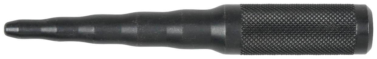 Ein schwarzes, konisches Werkzeug mit geriffeltem Griff, möglicherweise ein Dorn oder Stopfen, für mechanische oder technische Anwendungen.