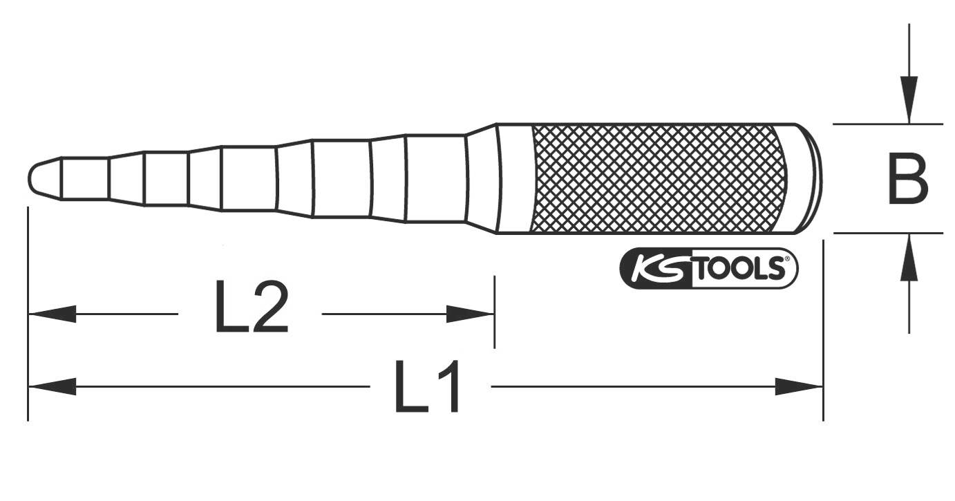 Technische Zeichnung eines Stufenkörners mit Längen L2, L1 und Breite B markiert. Logo 'KS TOOLS' sichtbar.