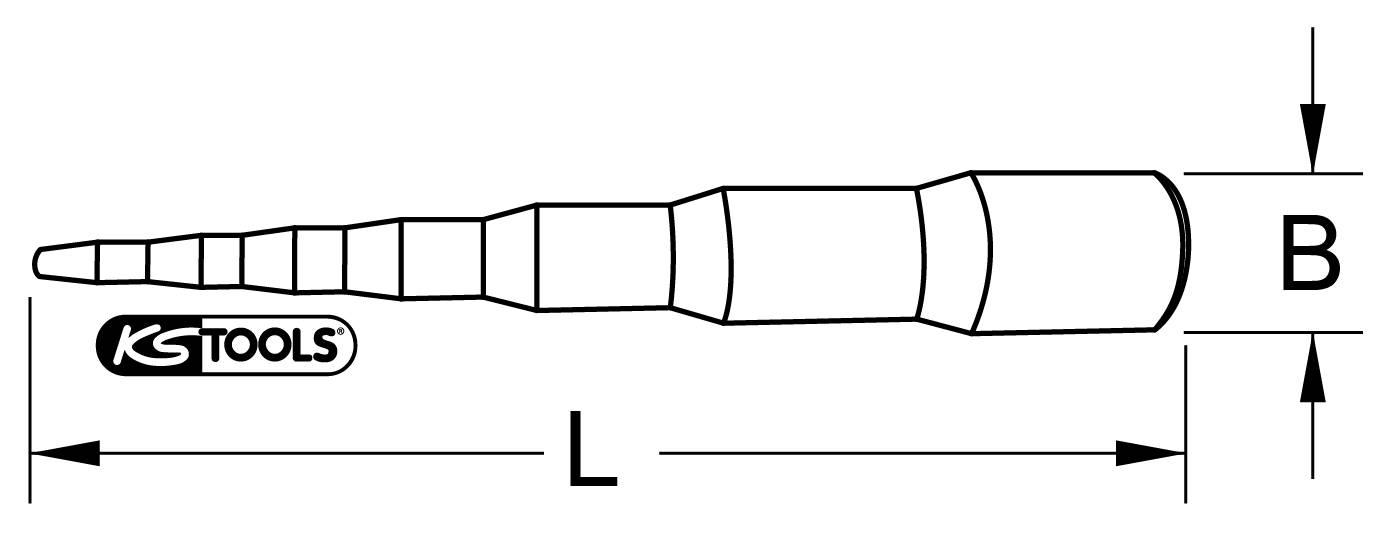 Werkzeugzeichnung eines Stufenbohrers. Markierung 'KS Tools' links. Maße 'L' entlang der Länge, 'B' an der breitesten Stelle.
