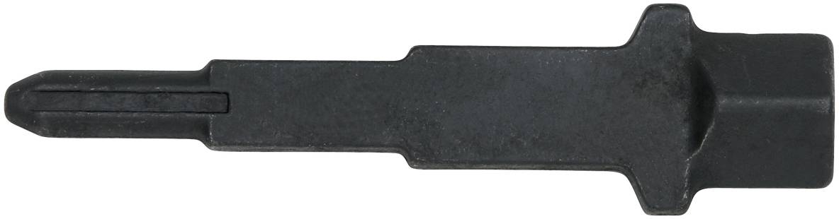 Schwarzgraues Metallwerkzeug mit rechteckigem Griff und einem flachen, spitzen Ende, möglicherweise ein Handwerkzeug.