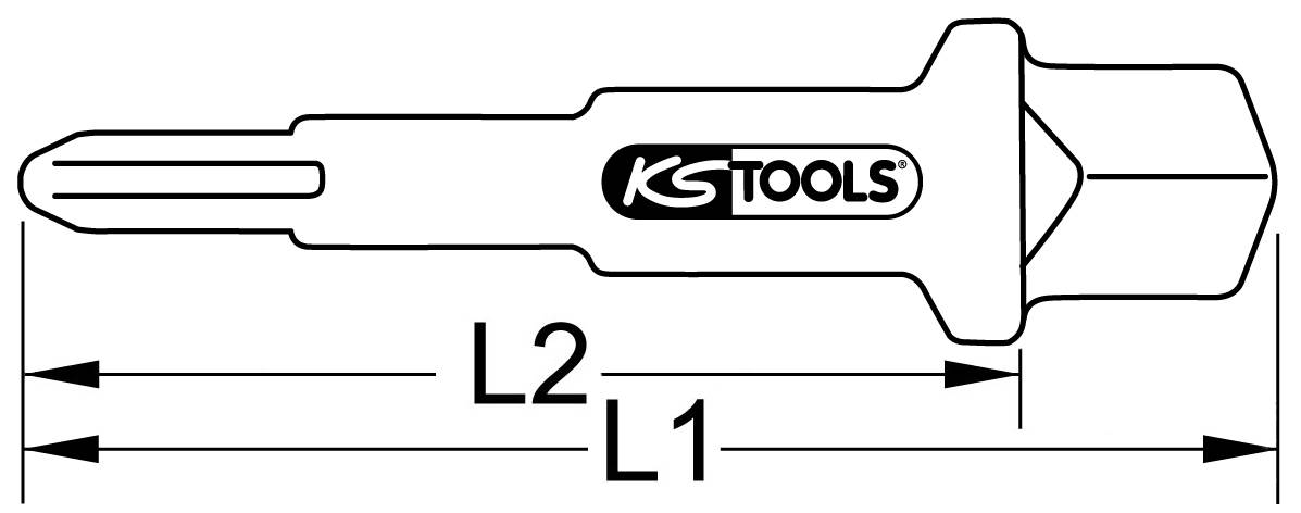 Zeichnung eines Werkzeugs mit der Aufschrift 'KS Tools'. Zwei Pfeile zeigen die Längen L1 und L2 an, um unterschiedliche Abschnitte zu messen.