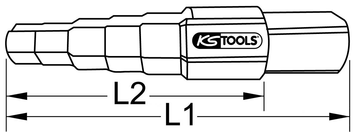 Ein Werkzeugaufsatz mit gestuften Durchmessern und Längenangaben L1 und L2. Markenlogo 'KS Tools' auf der Seite sichtbar.