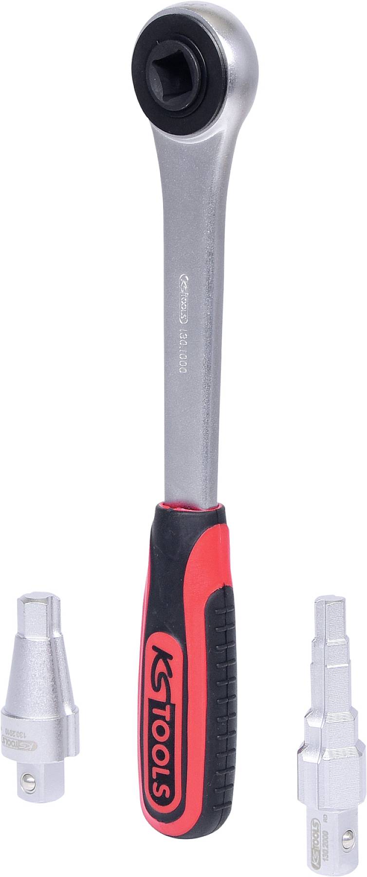 'KS Tools' Umschaltknarre mit rotem und schwarzem Griff, dargestellt neben zwei austauschbaren Stecknüssen.