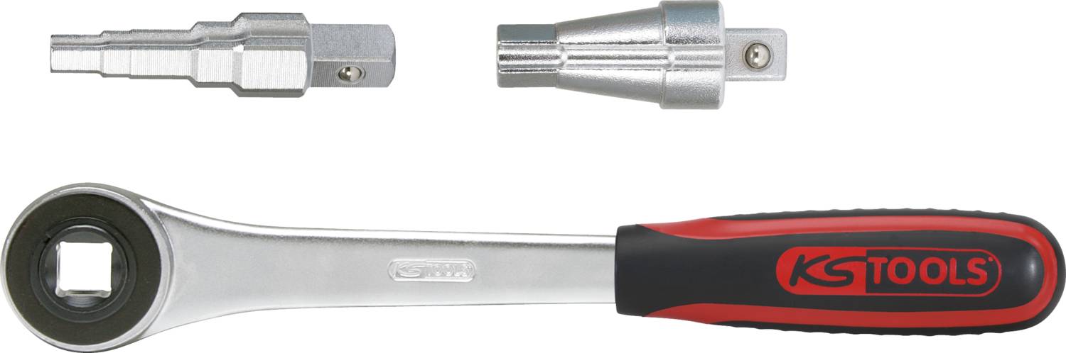 KS TOOLS Ratsche mit ergonomischem Griff und zwei austauschbaren Stecknüssen. Geeignet für verschiedene Schraubarbeiten.