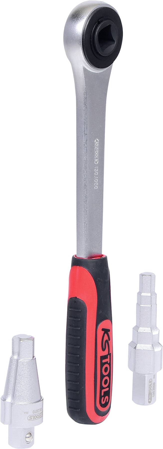 'KS Tools'-Ratsche mit ergonomischem Griff und zwei Stecknüssen. Werkzeug zum manuellen Anziehen oder Lösen von Schrauben.