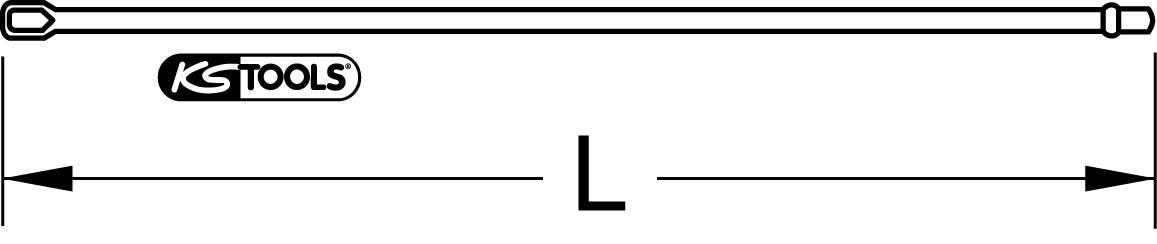 Illustration eines langen Werkzeugs von KS TOOLS, mit Markierung 'L' zur Längenbestimmung. Pfeile zeigen auf beide Enden des Werkzeugs.