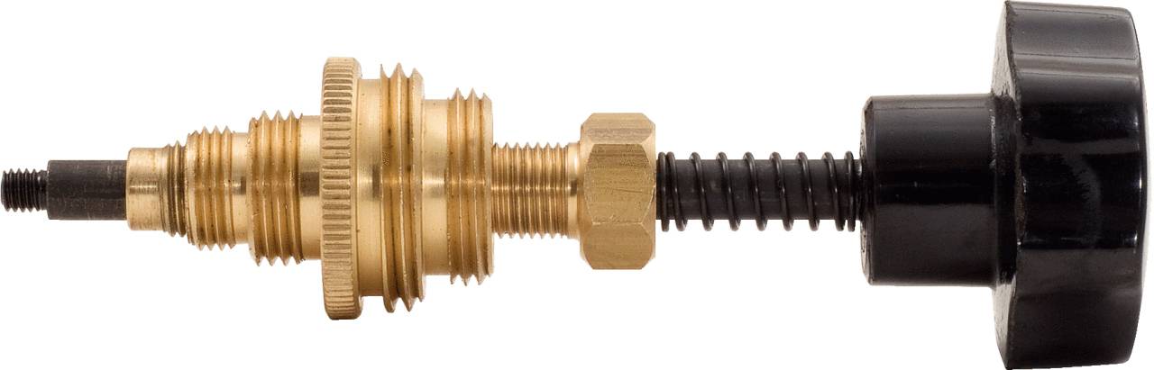 Metallische Schraube mit mehreren gezahnten Ringen und einer schwarzen Kunststoffabdeckung auf der rechten Seite, vor weißem Hintergrund.