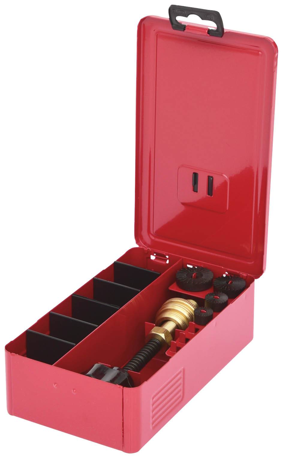 Rotes Werkzeugset mit offenem Deckel, das aus verschiedenen Metallteilen und Scheiben besteht, in einem Organizer mit Fächern.