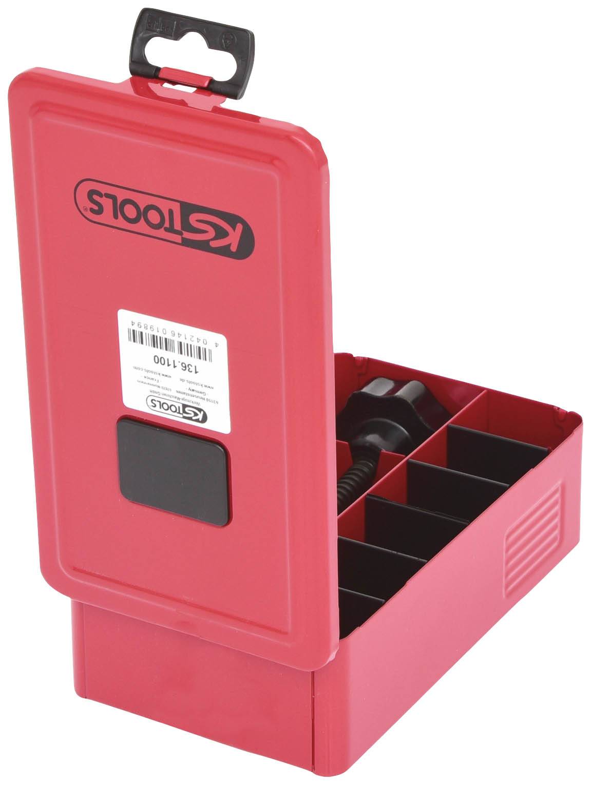 Rotes Werkzeugkasten mit geöffnetem Deckel, enthält Fächer und Schraubenwerkzeug. Markenname 'KS Tools' auf der Innenseite.