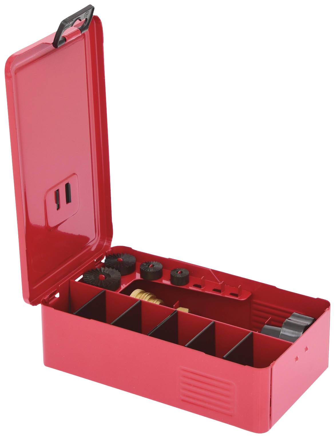 Eine rote Metallbox mit offenem Deckel, zeigt verschiedene kleine Bauteile in sortierten Fächern.