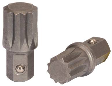Zwei metallene Schraubaufsätze mit zahnradförmigen Köpfen liegen nebeneinander, einer stehend, der andere liegend.