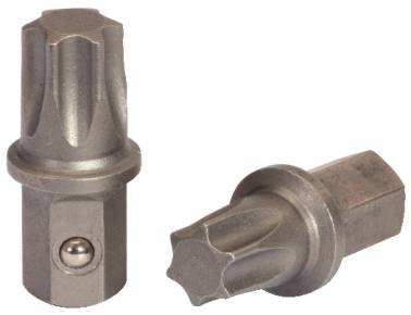 Zwei Metallwerkzeuge mit sternförmigen Spitzen und sechseckigen Schäften, die aufeinander abgestimmt sind, zeigen ihre funktionalen Enden.